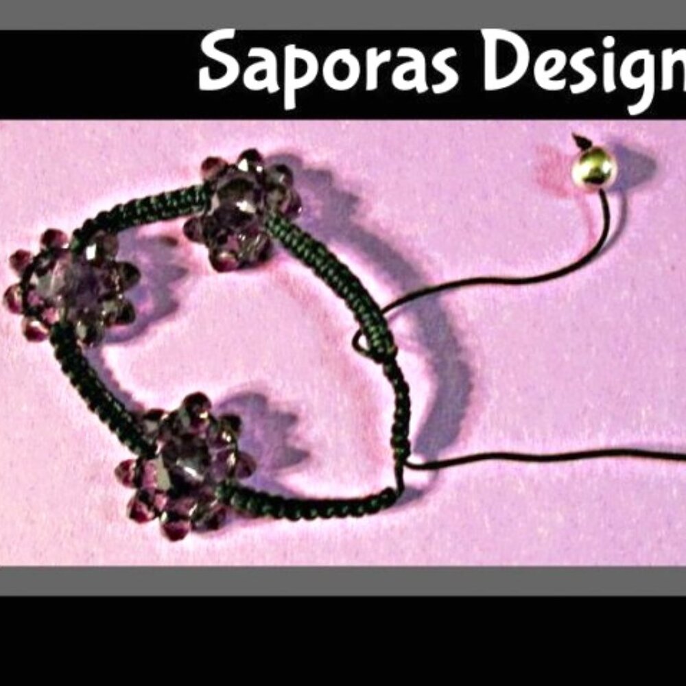 Handmade Black Braided Rope Bracelet With Purple Flower Shaped Beads